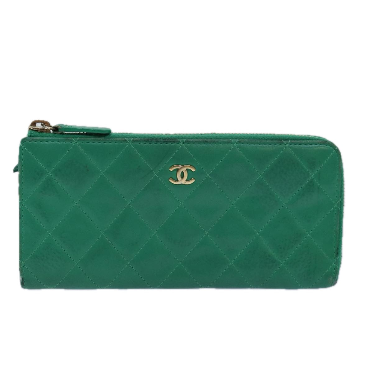 CHANEL Matelasse Long Wallet Lamb Skin Green CC Auth yk12983