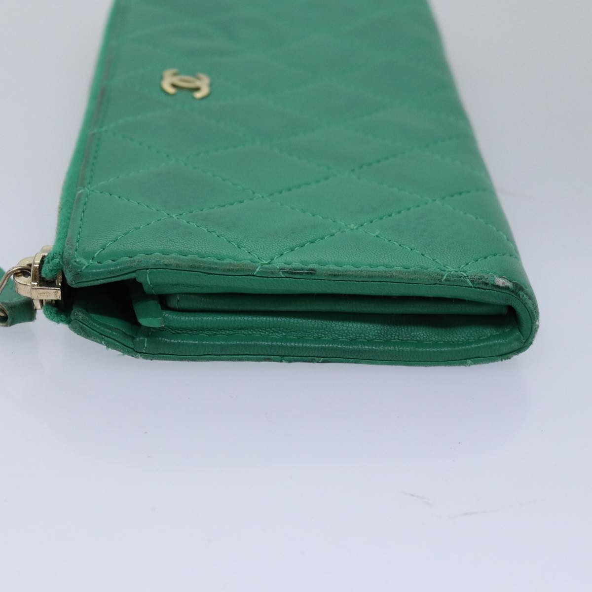 CHANEL Matelasse Long Wallet Lamb Skin Green CC Auth yk12983