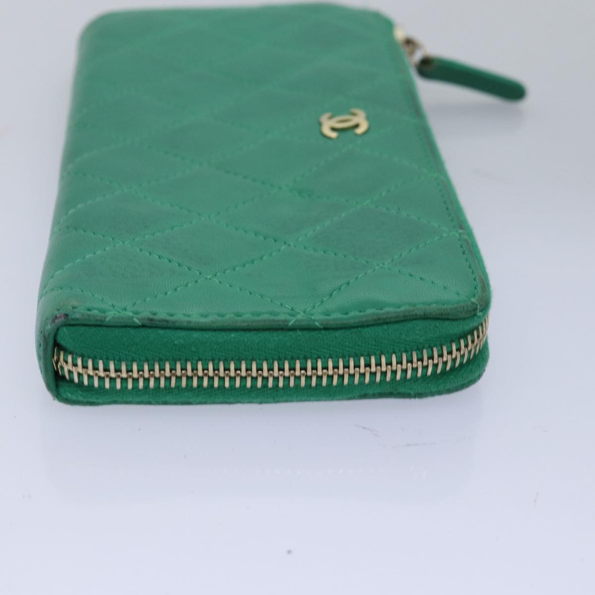 CHANEL Matelasse Long Wallet Lamb Skin Green CC Auth yk12983