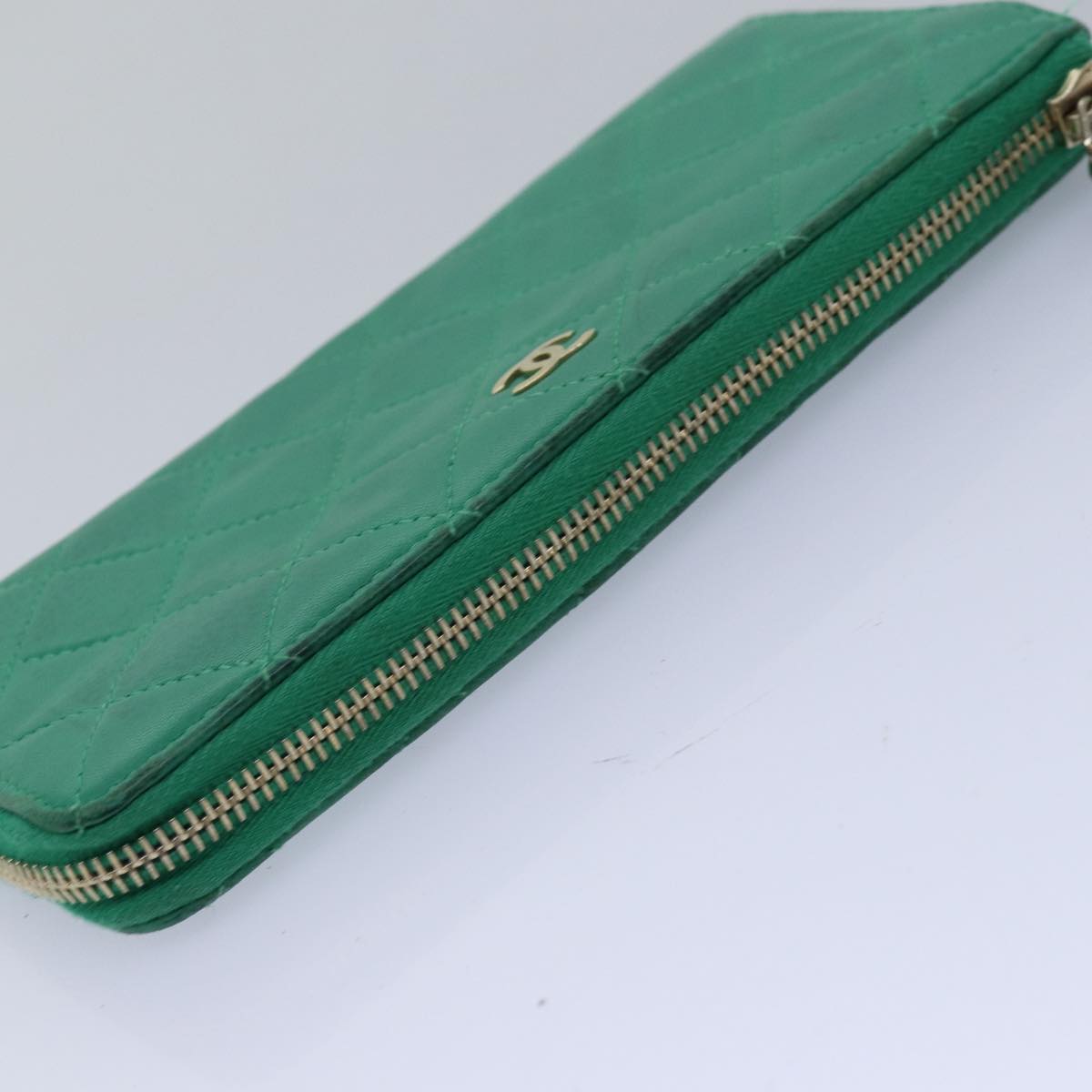 CHANEL Matelasse Long Wallet Lamb Skin Green CC Auth yk12983