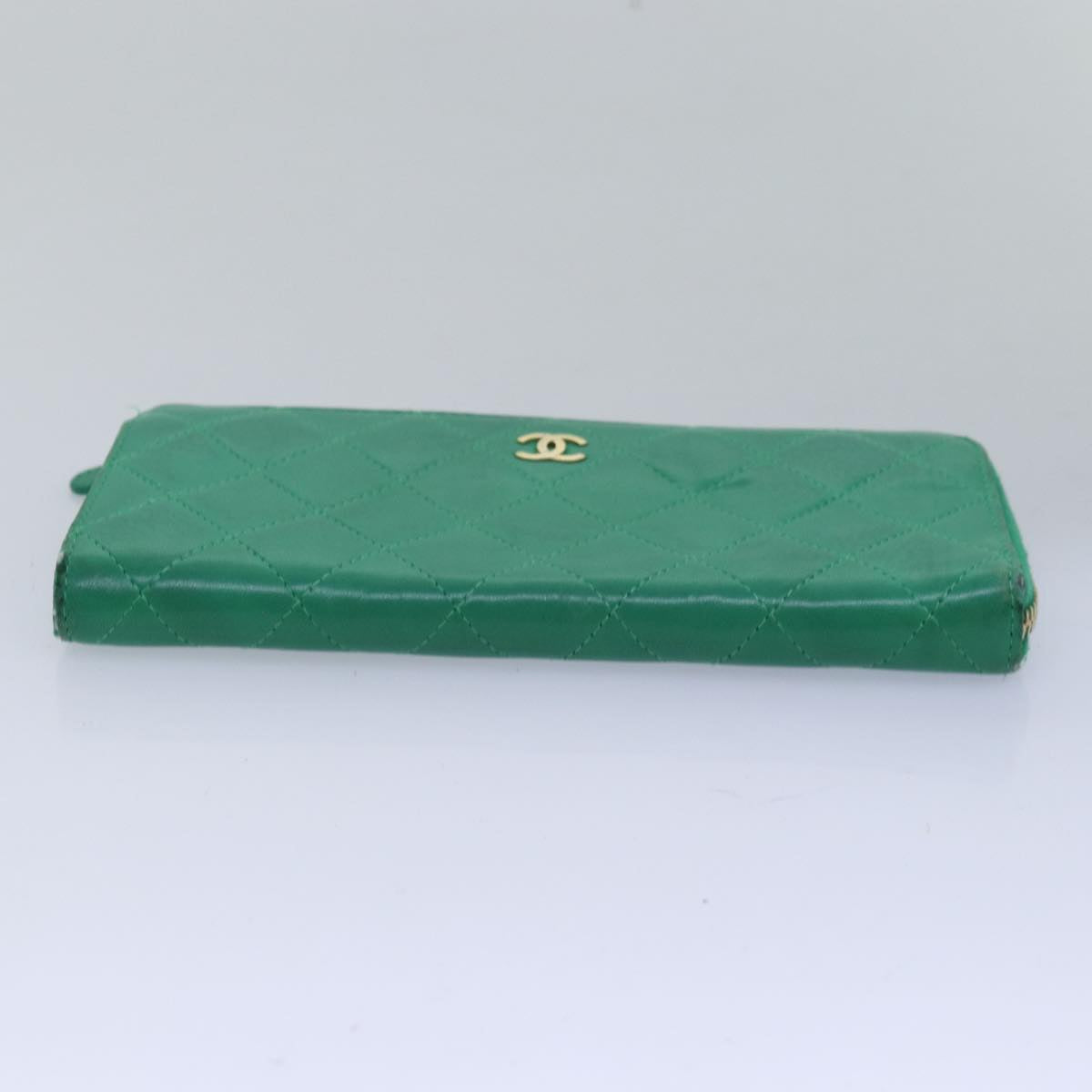 CHANEL Matelasse Long Wallet Lamb Skin Green CC Auth yk12983