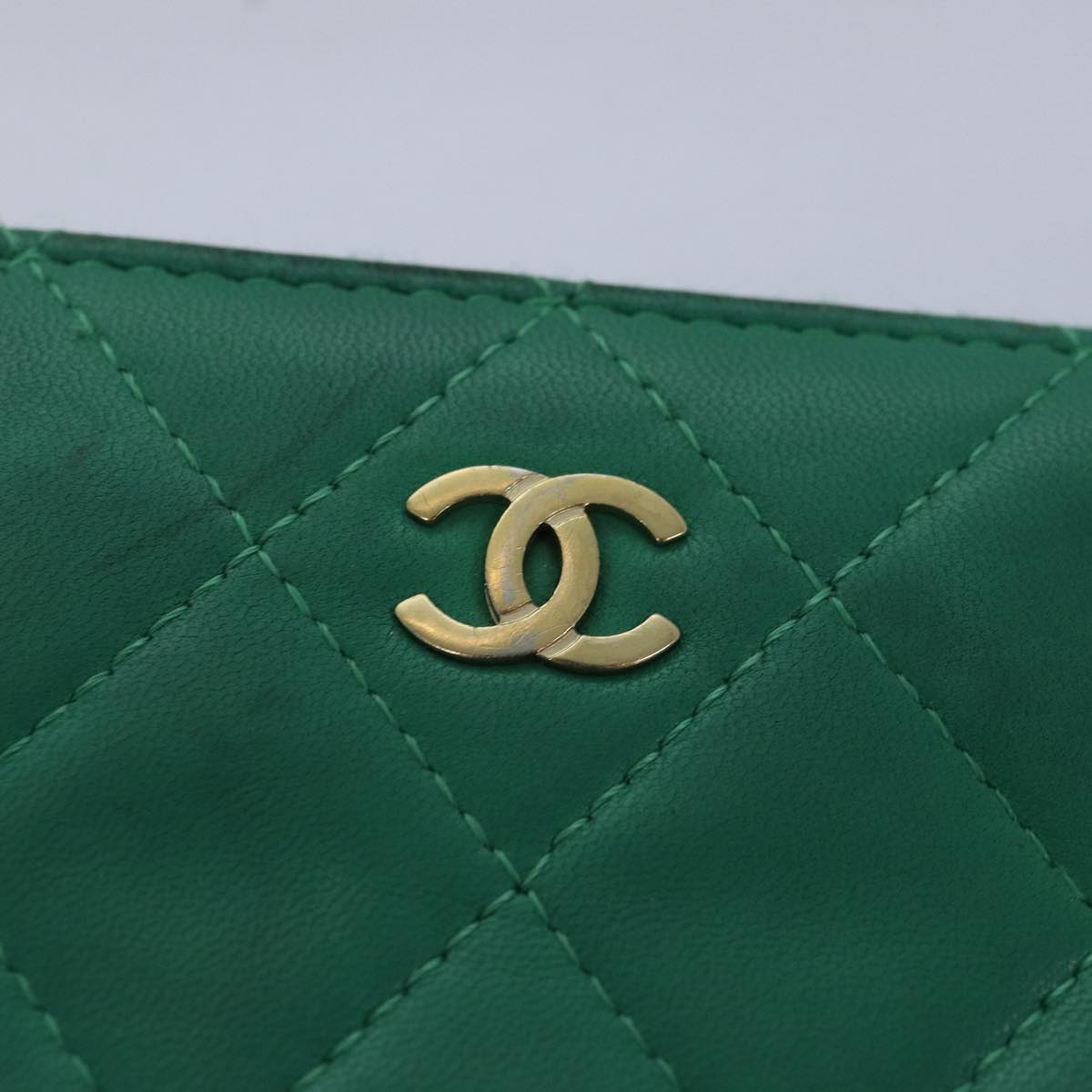 CHANEL Matelasse Long Wallet Lamb Skin Green CC Auth yk12983