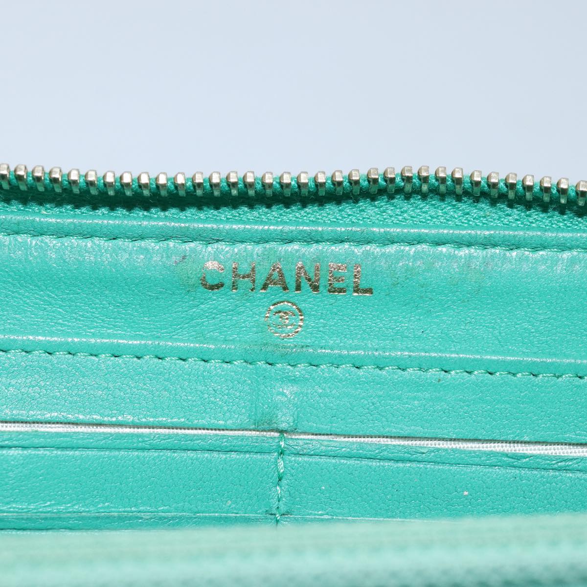 CHANEL Matelasse Long Wallet Lamb Skin Green CC Auth yk12983