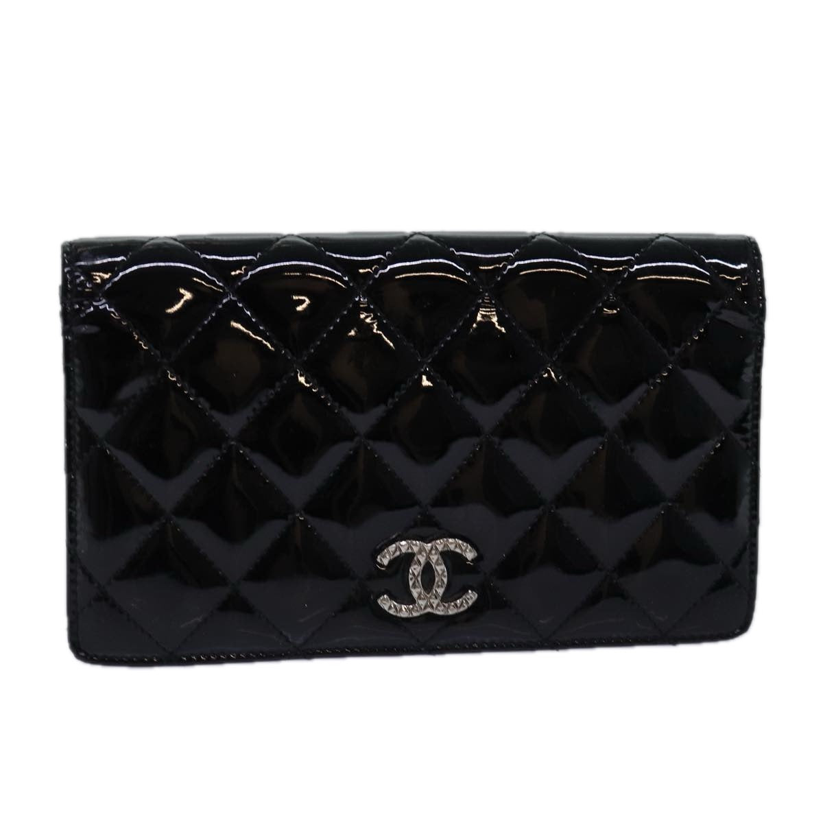 CHANEL Matelasse Wallet Enamel Black CC Auth yk12989