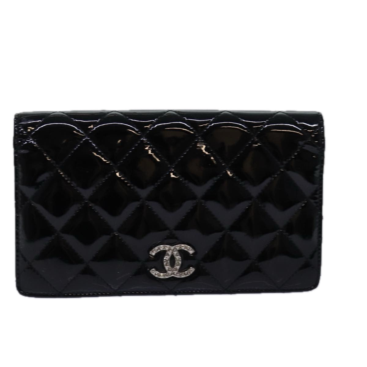 CHANEL Matelasse Wallet Enamel Black CC Auth yk12989