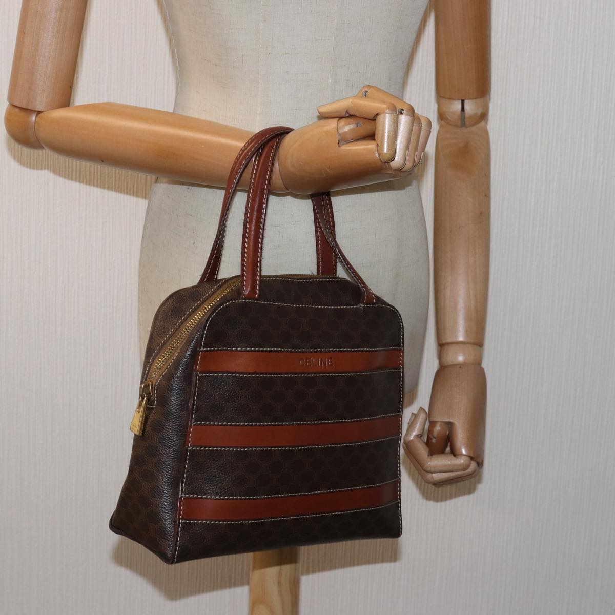 CELINE Macadam Canvas Hand Bag PVC Leather Brown Auth yk13002