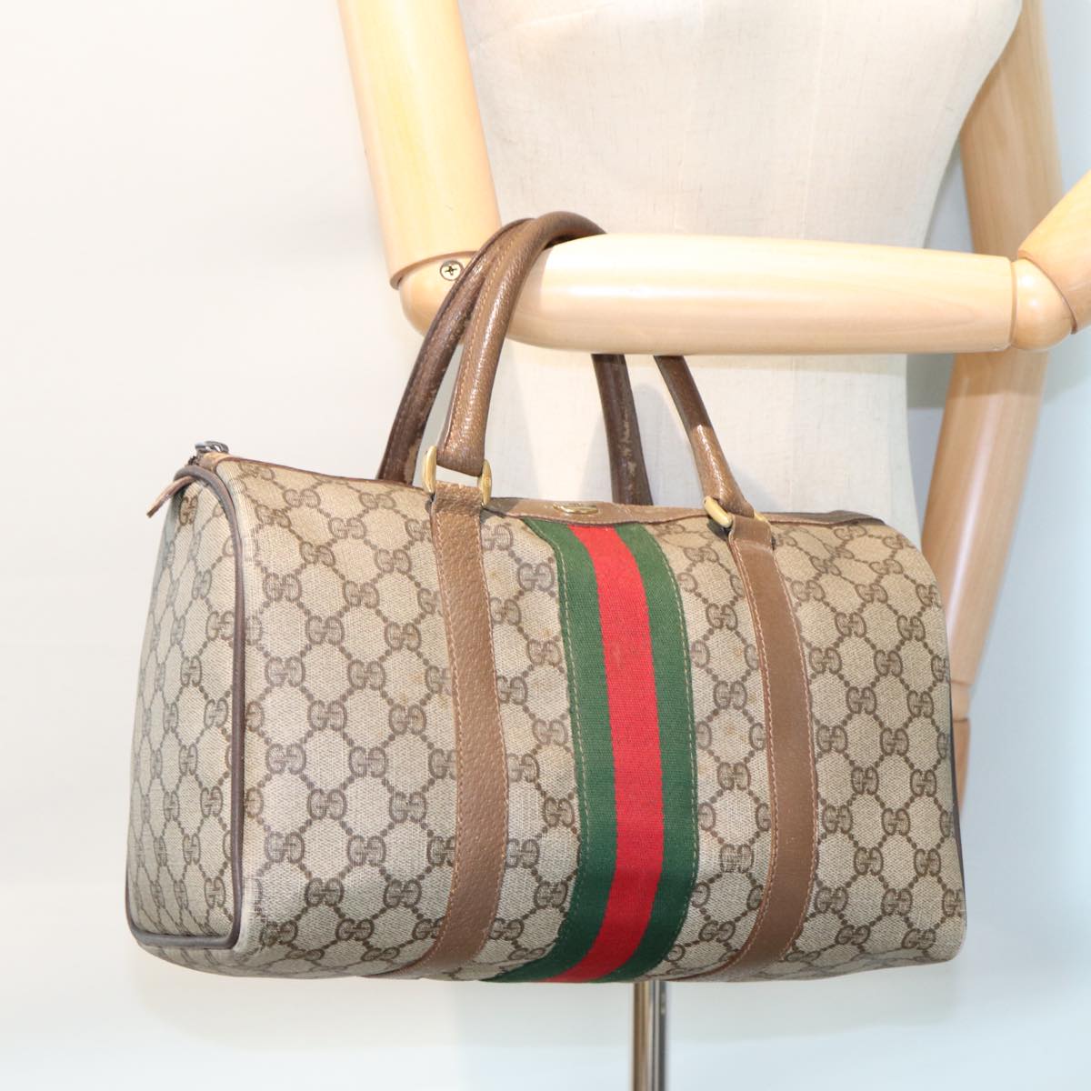 GUCCI GG Supreme Web Sherry Line Boston Bag PVC Beige Red 98 02 007 Auth yk13015