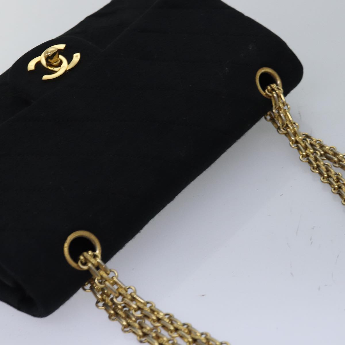 CHANEL Matelasse Turn Lock Chain Bag Cotton Vintage Black CC Auth yk13023