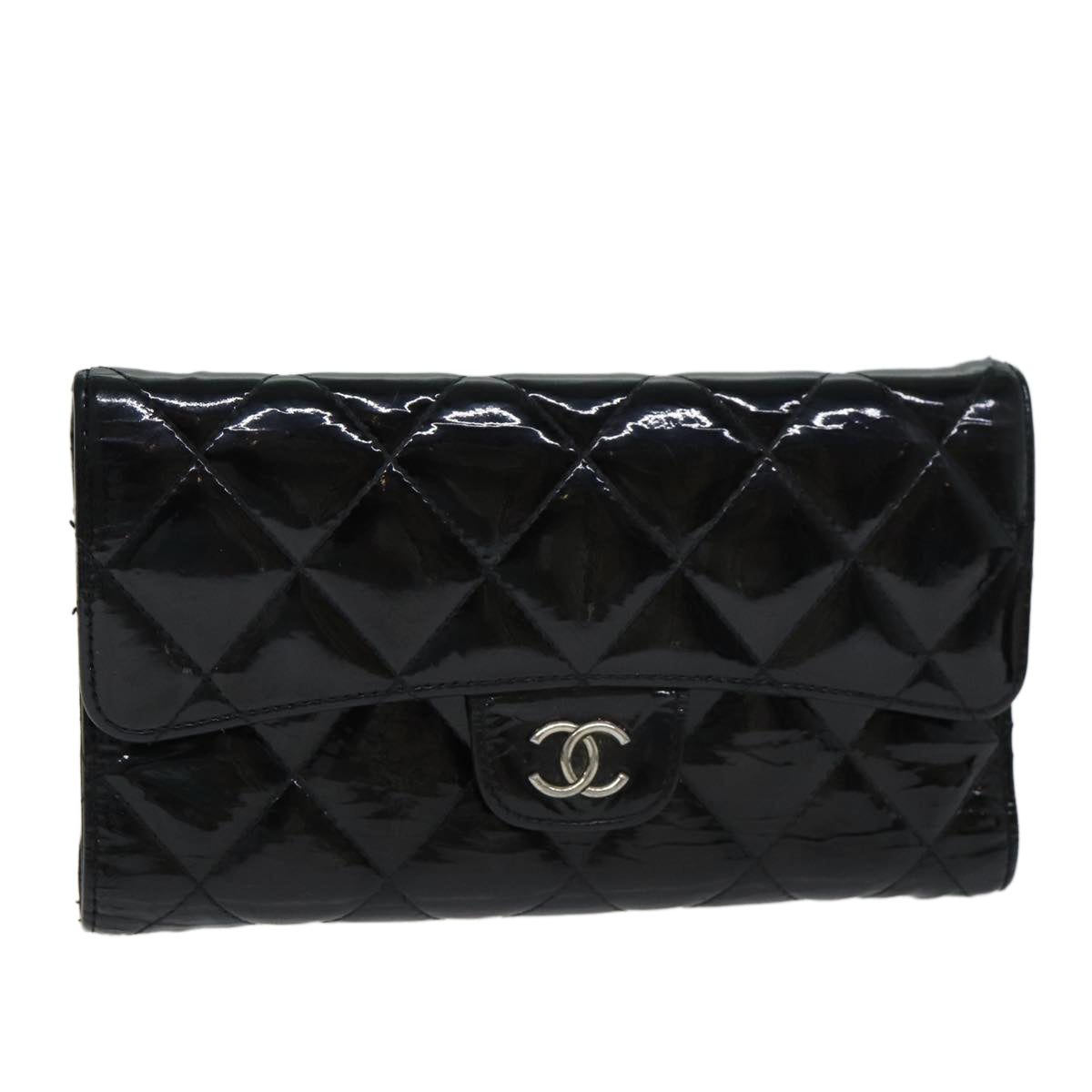 CHANEL Matelasse Wallet Enamel Black CC Auth yk13037