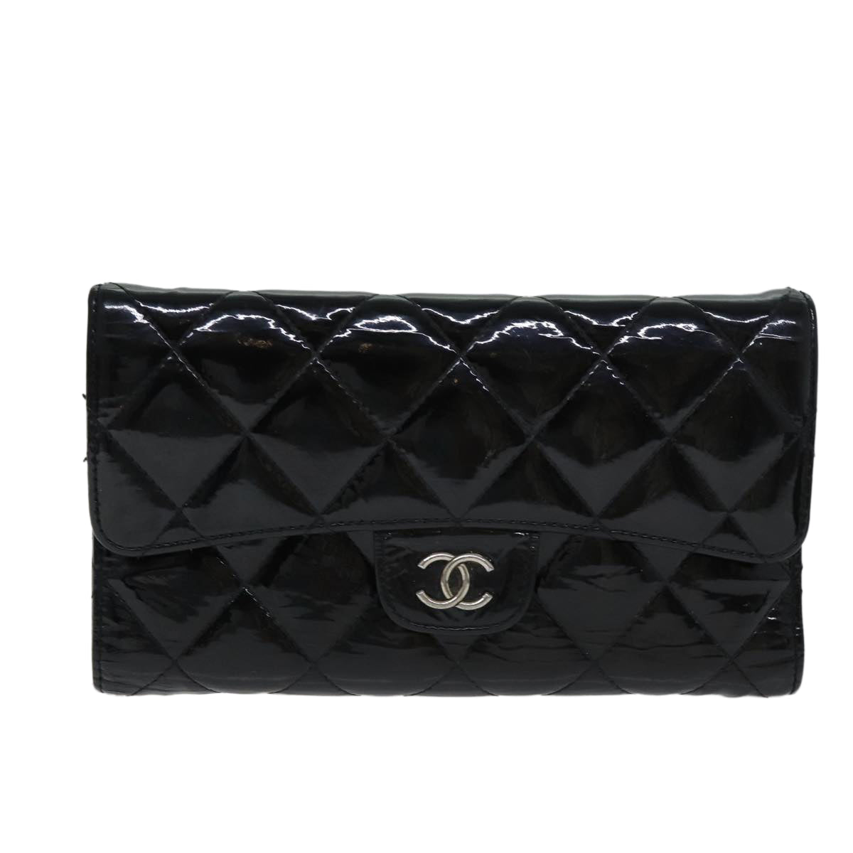 CHANEL Matelasse Wallet Enamel Black CC Auth yk13037