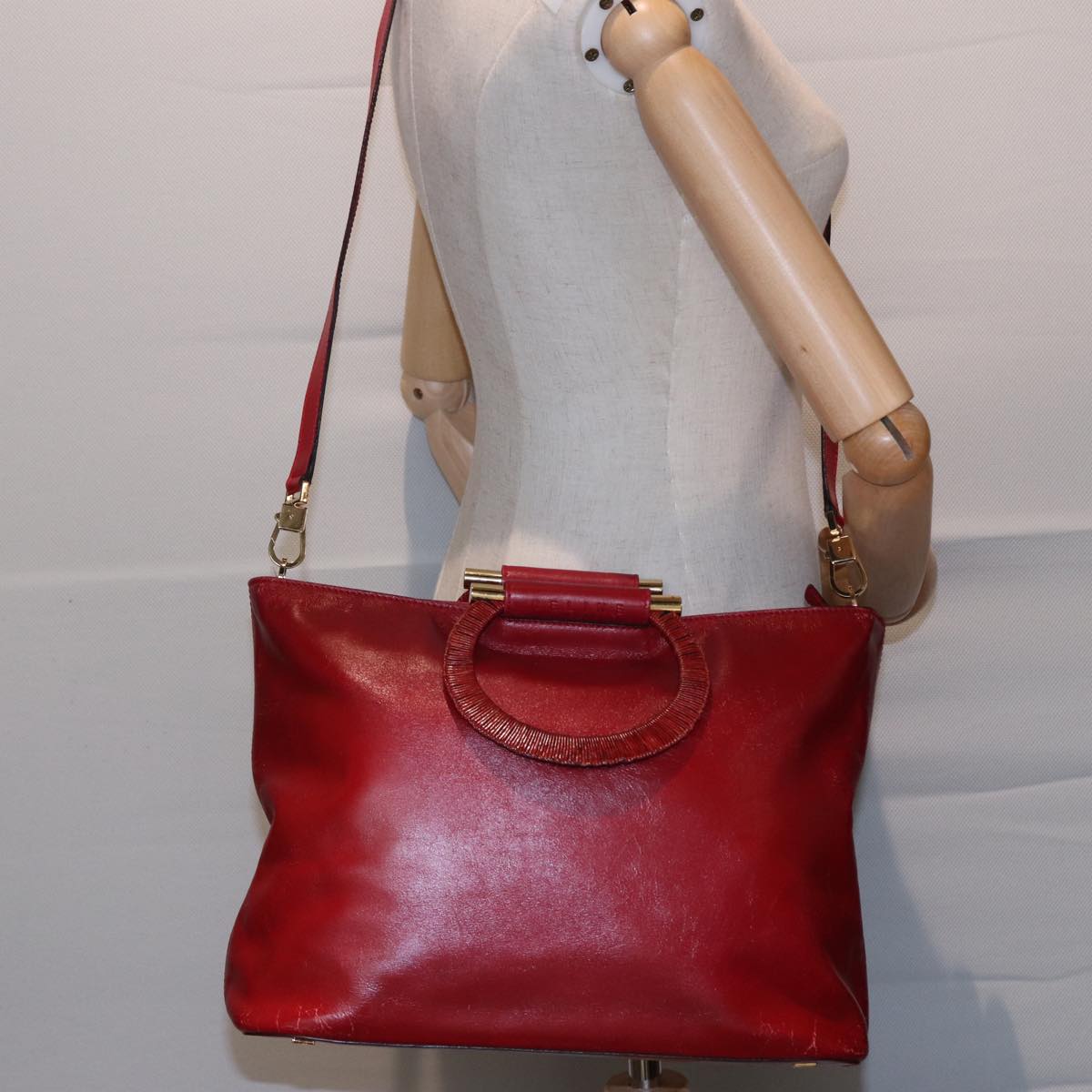 CELINE Hand Bag Leather 2way Red Auth yk13083