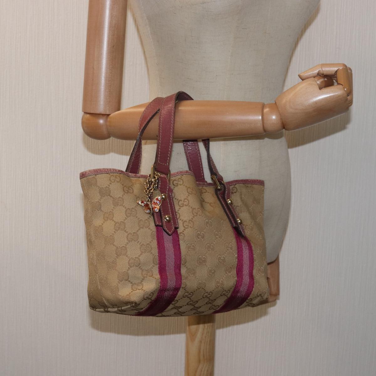 GUCCI GG Canvas Sherry Line Hand Bag Beige Pink 139261 Auth yk13116