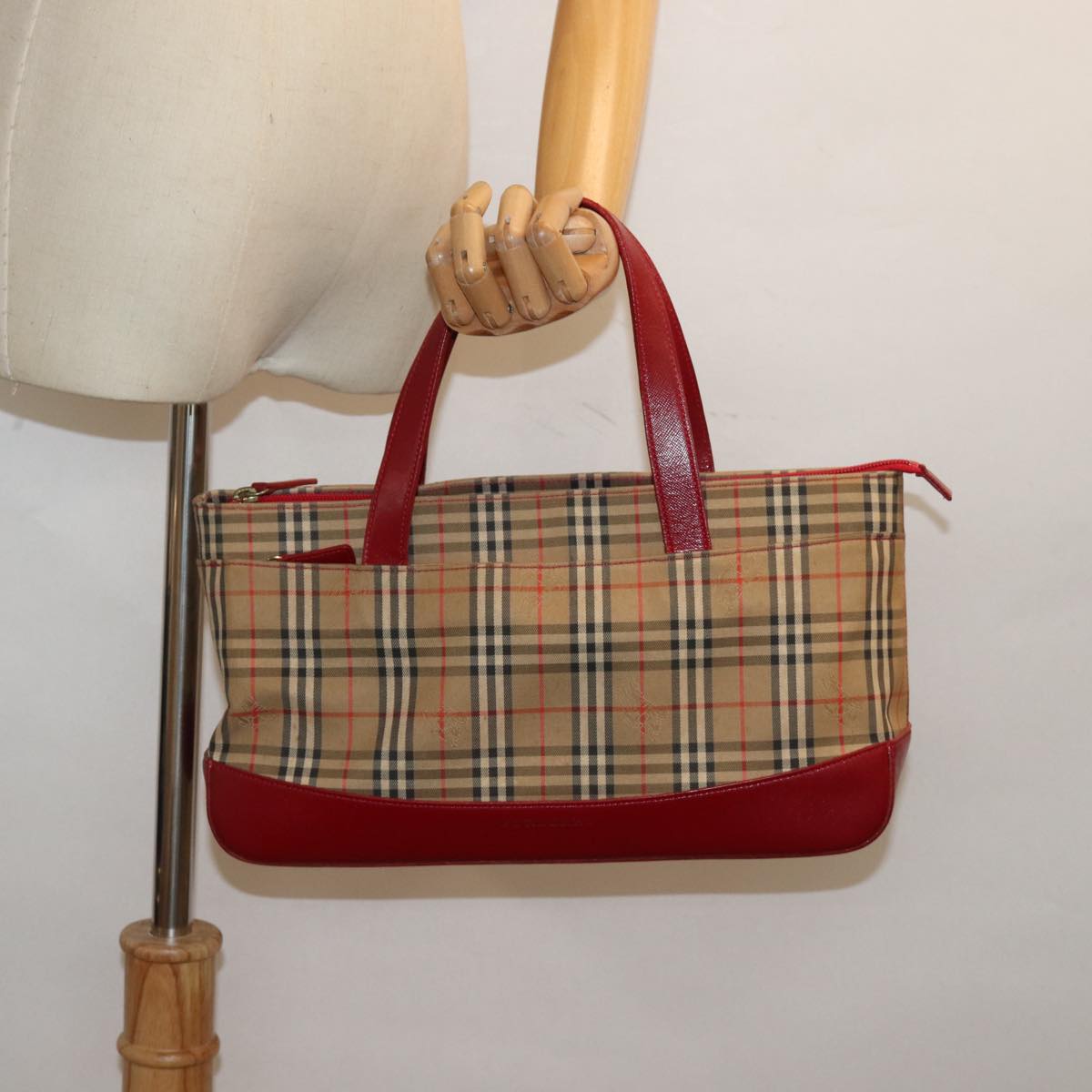 BURBERRY Nova Check Hand Bag Canvas Leather Beige Red Auth yk13128