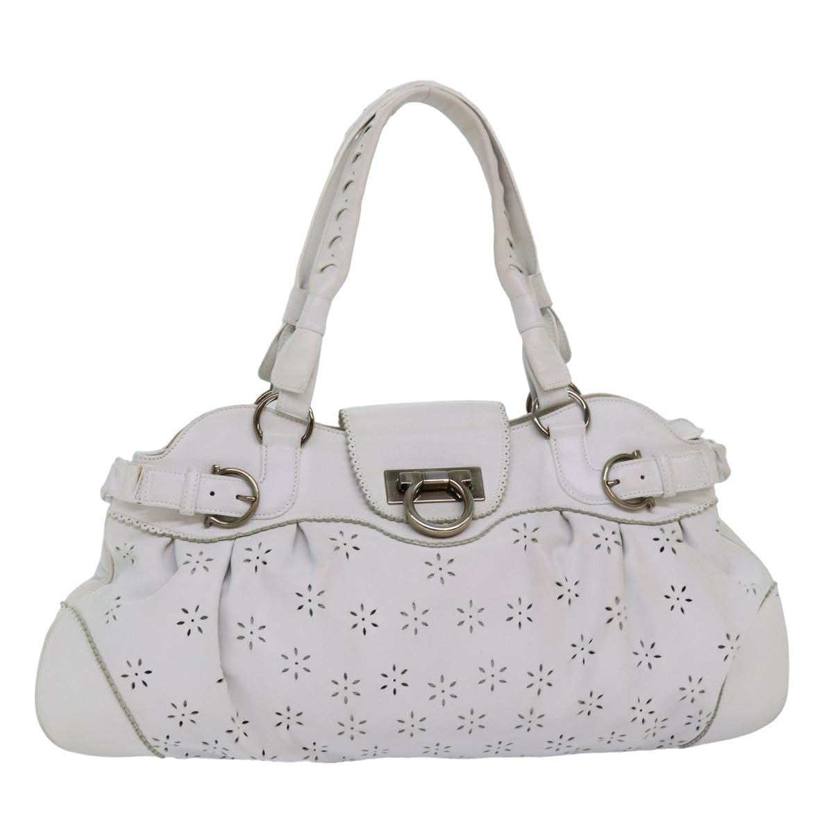 Salvatore Ferragamo Gancini Hand Bag Leather White Auth yk13136