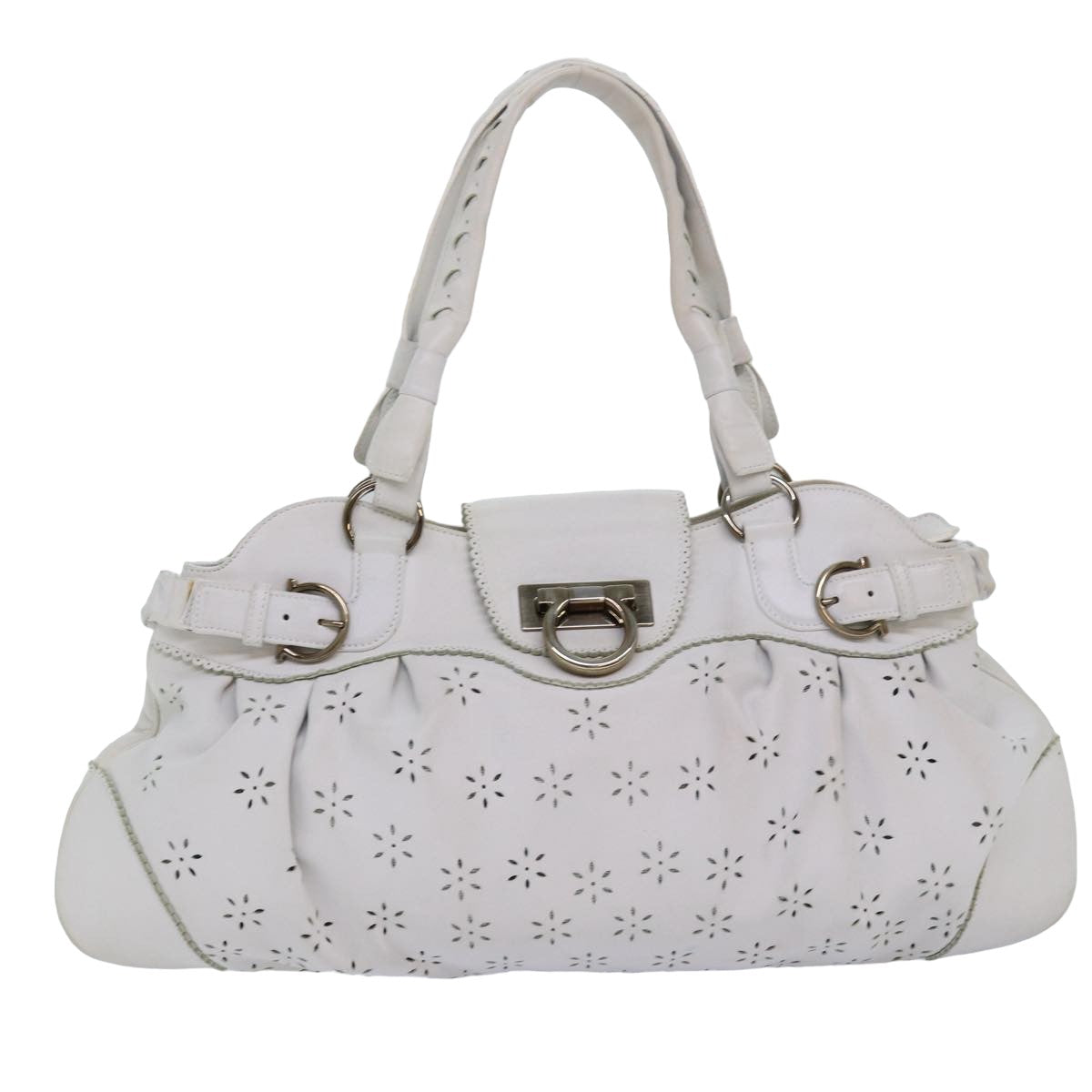 Salvatore Ferragamo Gancini Hand Bag Leather White Auth yk13136 - 0