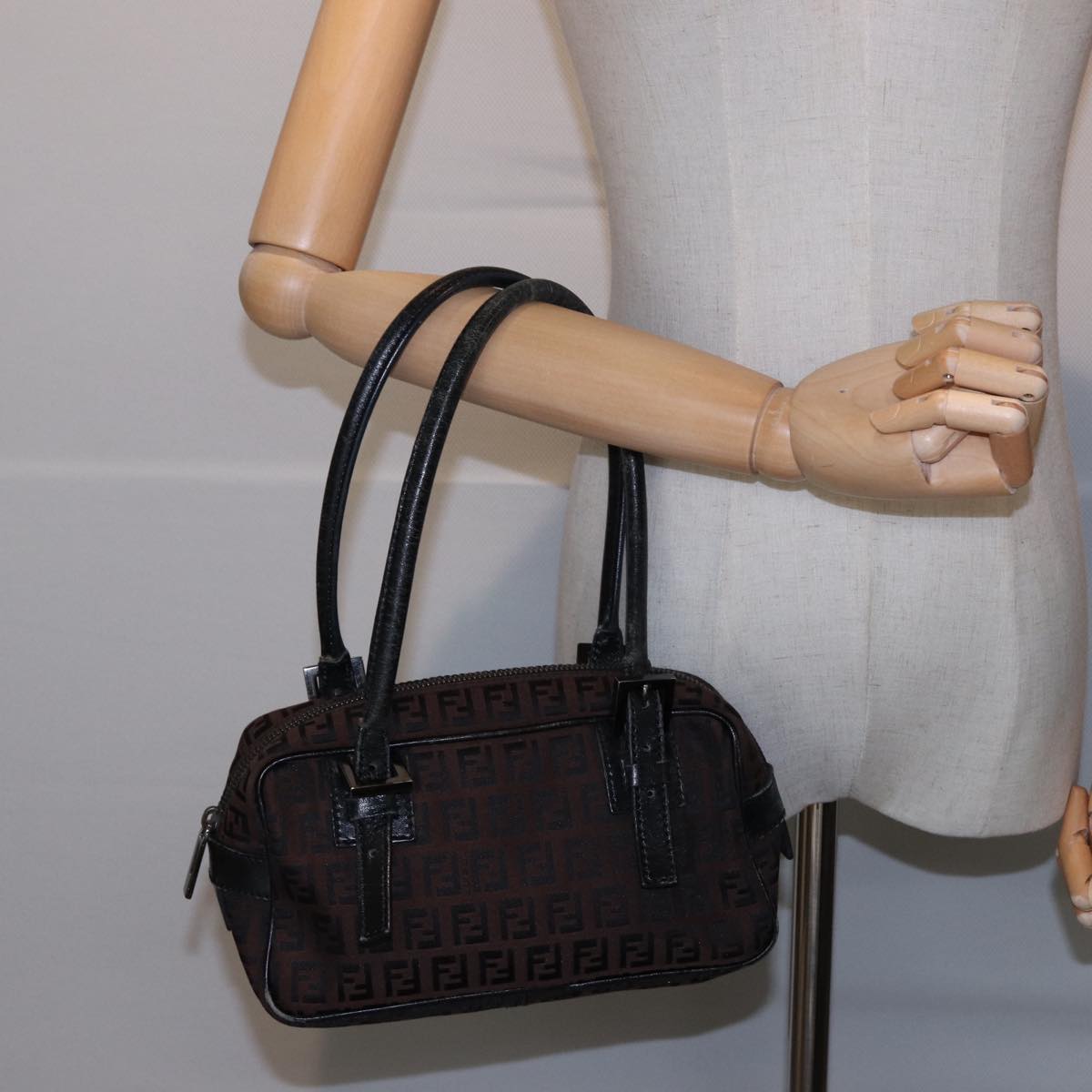 FENDI Zucchino Canvas Hand Bag Brown Black Auth yk13139