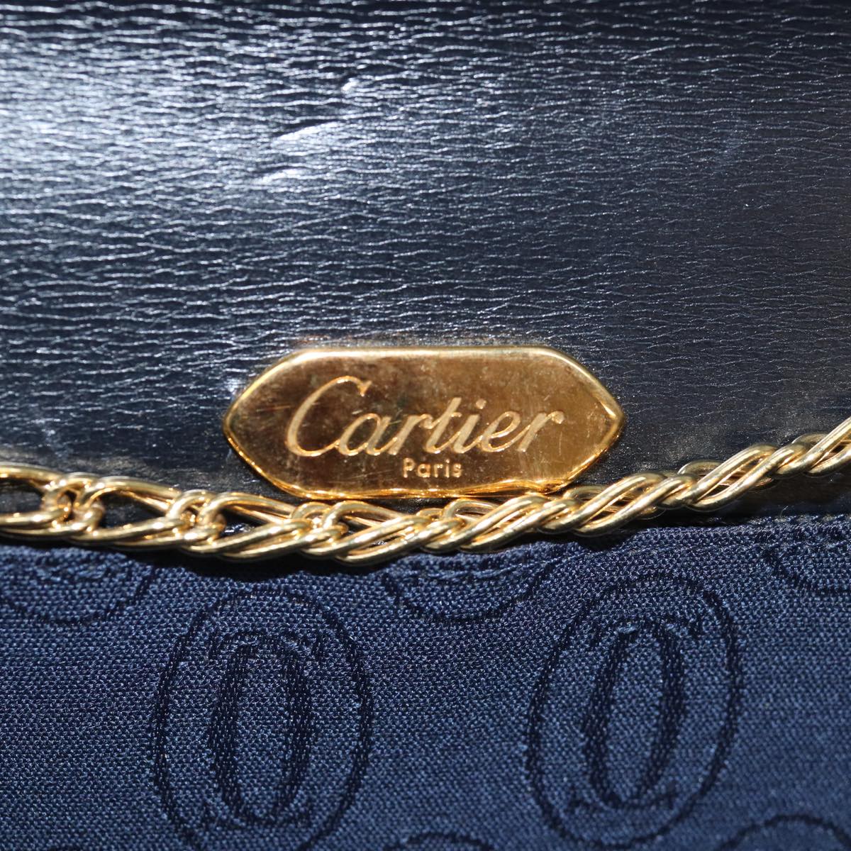 CARTIER Chain Shoulder Bag Leather Navy Auth yk13144