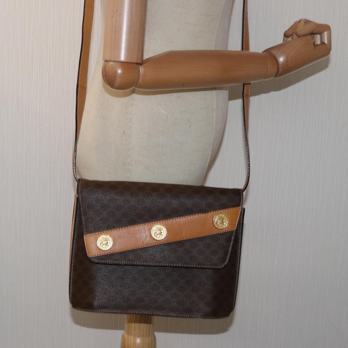 CELINE Macadam Canvas Shoulder Bag PVC Leather Brown Auth yk13147