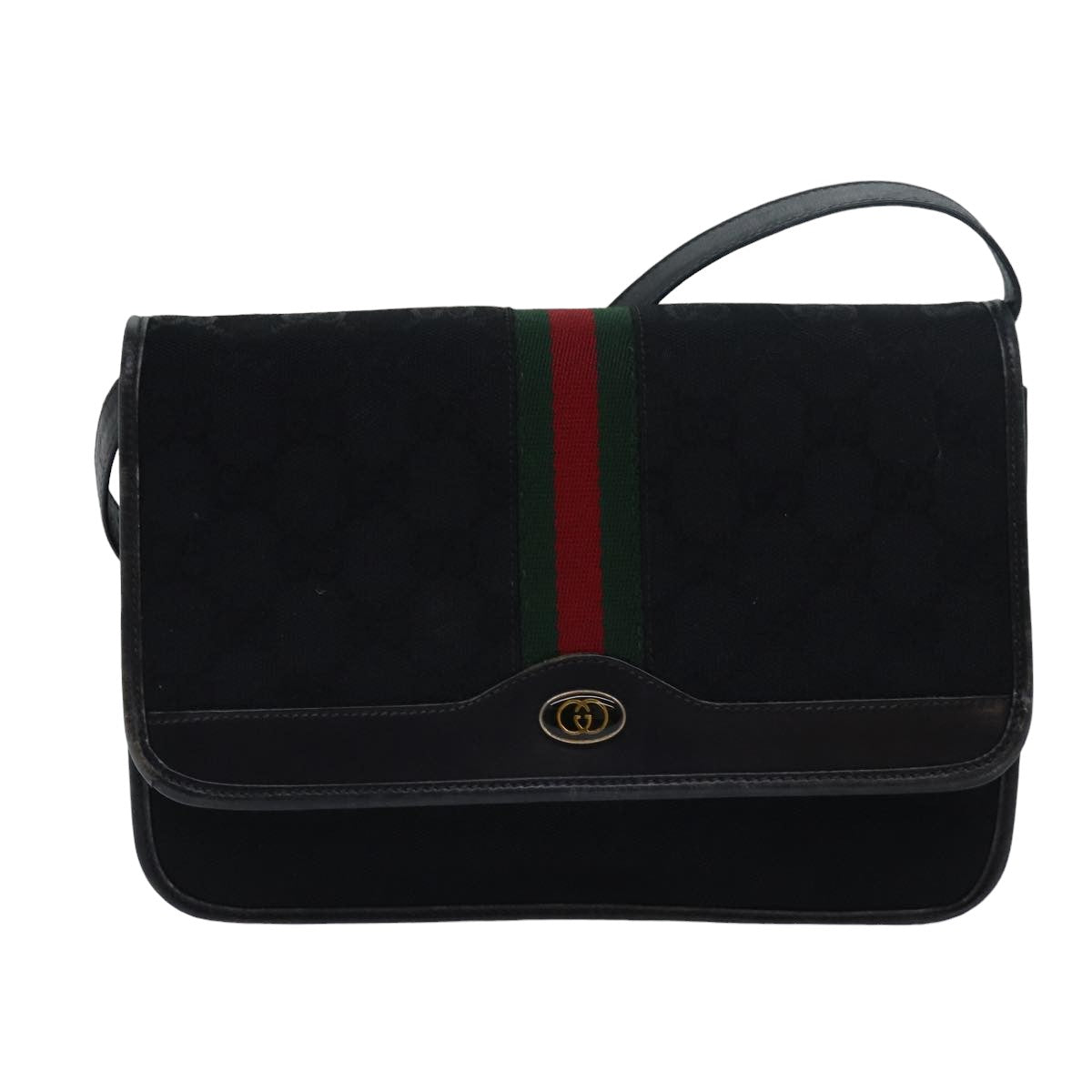 GUCCI GG Canvas Web Sherry Line Shoulder Bag Black Red Green Auth yk13149