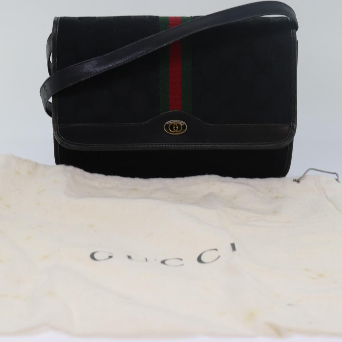 GUCCI GG Canvas Web Sherry Line Shoulder Bag Black Red Green Auth yk13149