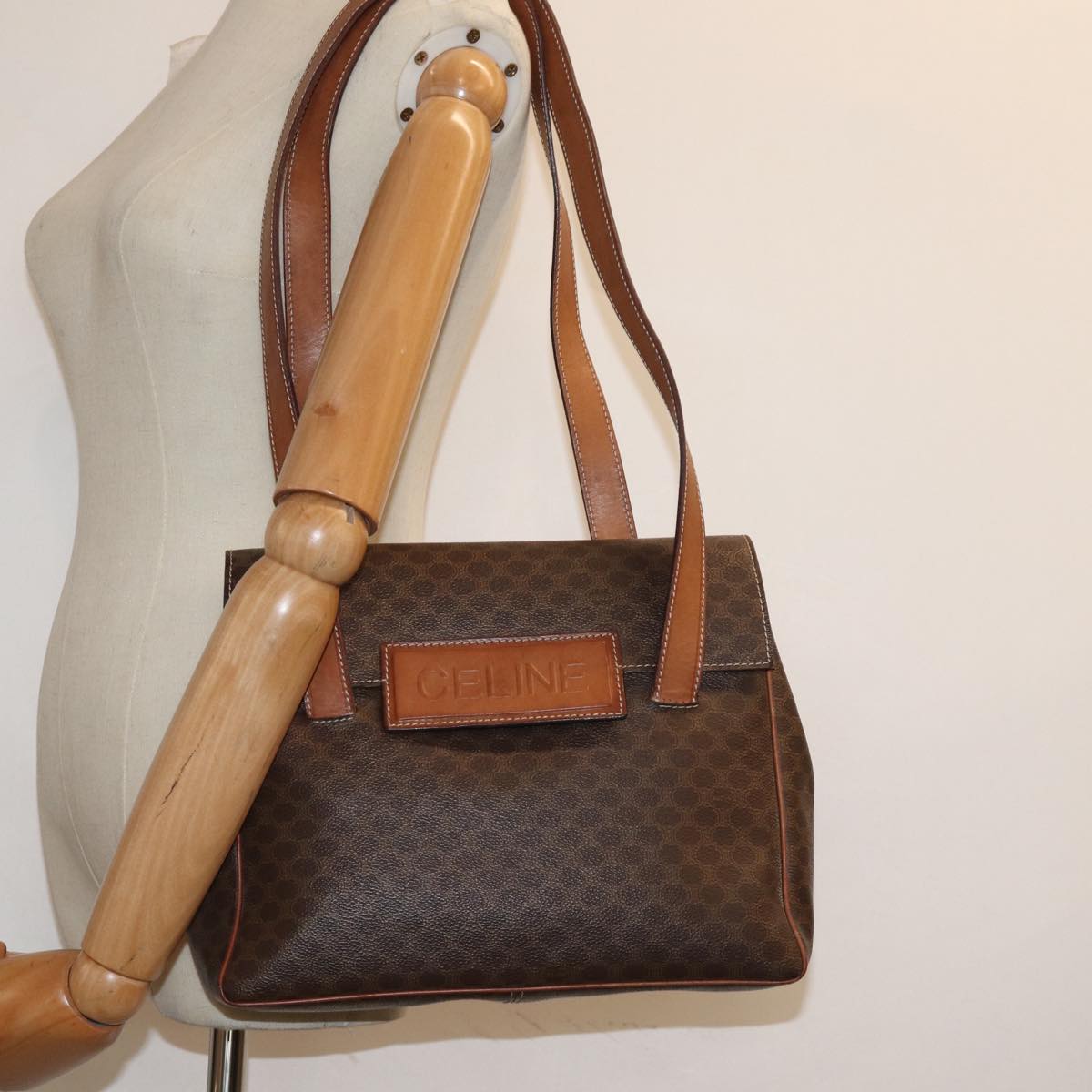 CELINE Macadam Canvas Shoulder Bag PVC Leather Brown Auth yk13171