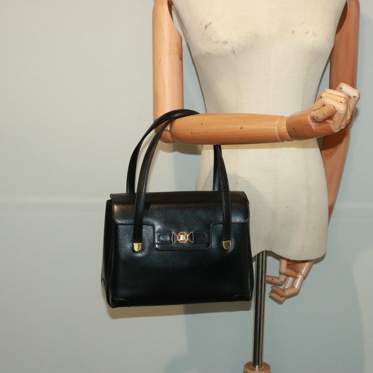 CELINE Hand Bag Leather Black Auth yk13208