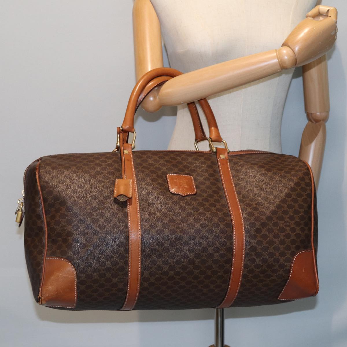 CELINE Macadam Canvas Boston Bag PVC Leather Brown Auth yk13219