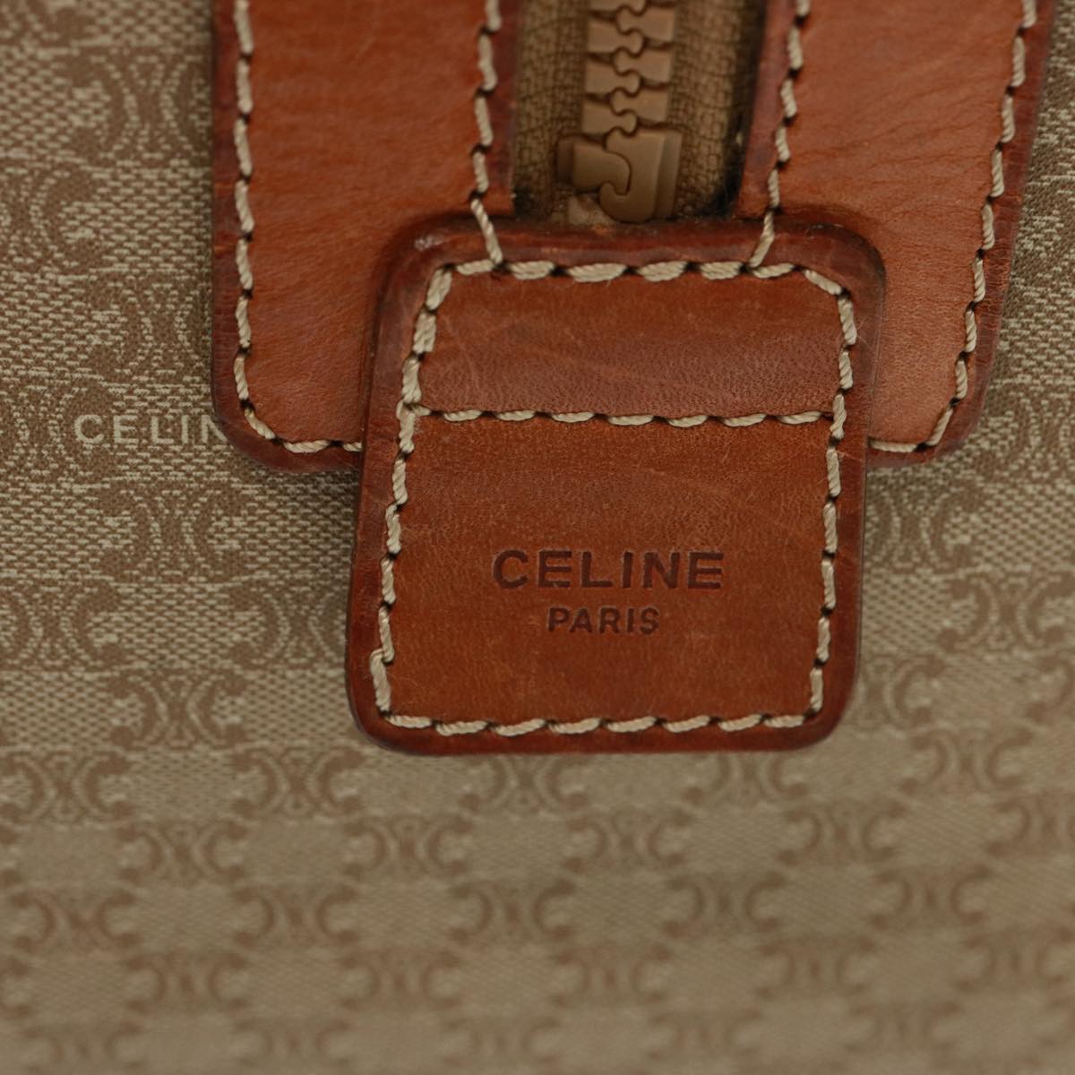 CELINE Macadam Canvas Boston Bag Leather Beige Auth yk13220