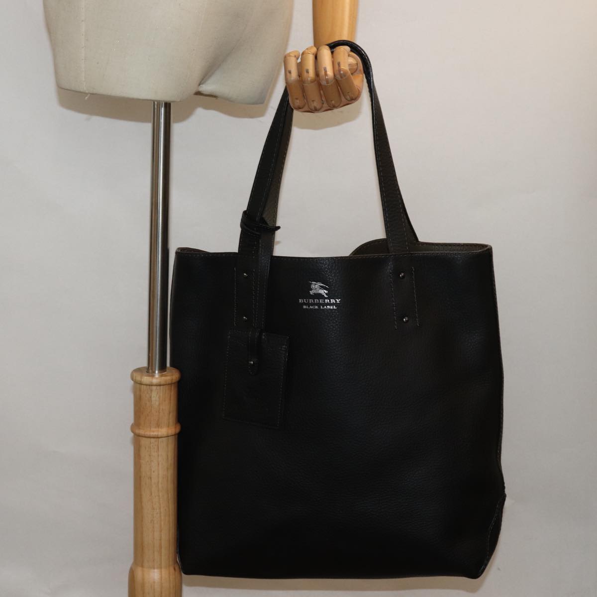 BURBERRY Black label Reversible Tote Bag Leather Black Auth yk13227