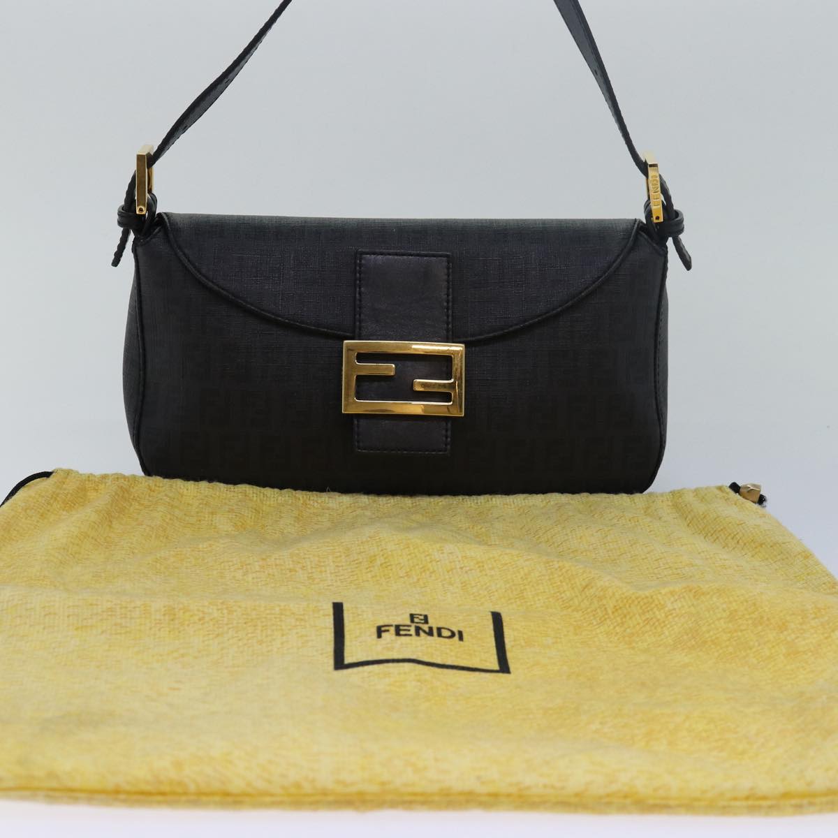 FENDI Zucchino Canvas Mamma Baguette Shoulder Bag Black Auth yk13228A