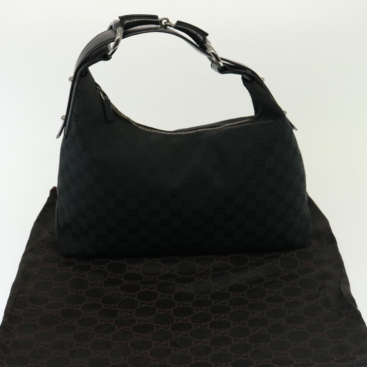 GUCCI GG Canvas Horsebit Shoulder Bag Black 115867 Auth yk13263