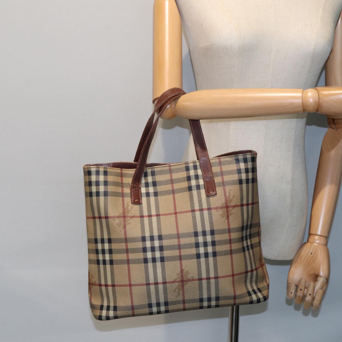 BURBERRY Nova Check Hand Bag PVC Leather Beige Auth yk13266