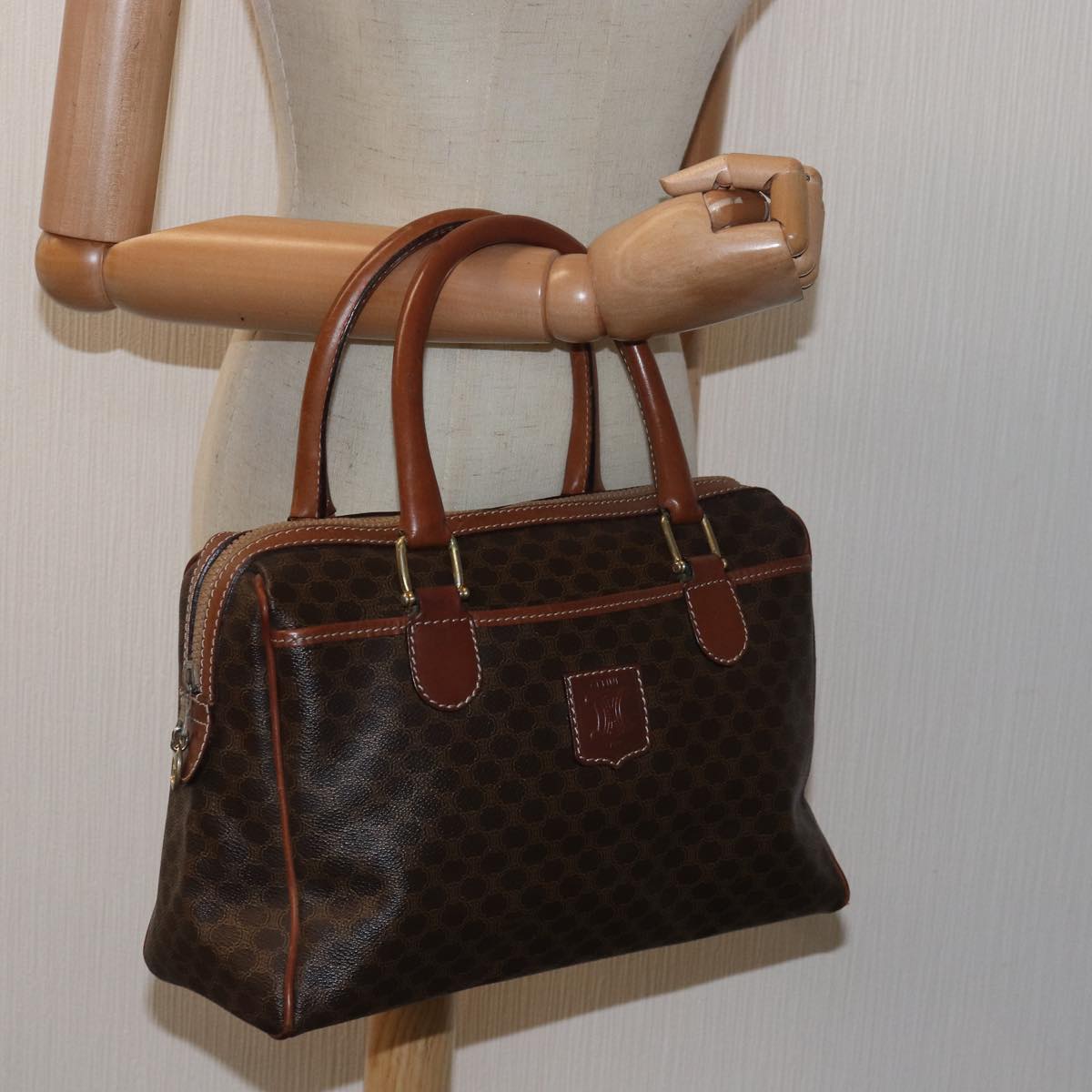 CELINE Macadam Canvas Hand Bag PVC Leather Brown Auth yk13269