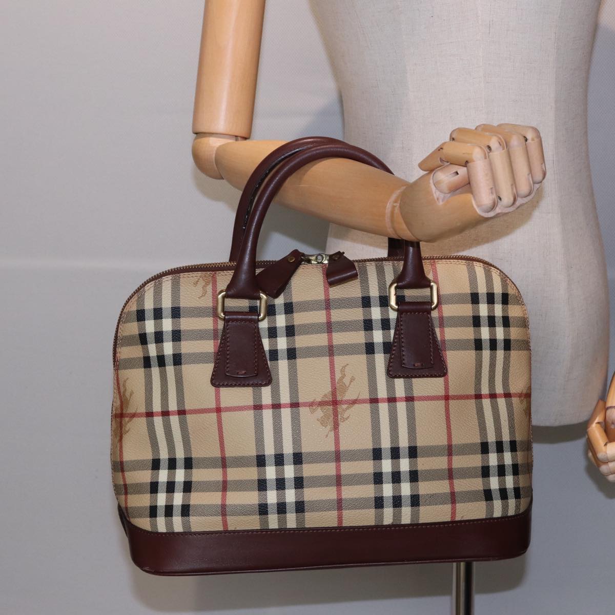 BURBERRY Nova Check Hand Bag PVC Leather Beige Auth yk13293