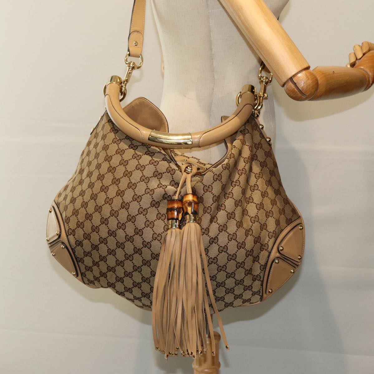 GUCCI GG Canvas Indy Hand Bag 2way Beige 182888 Auth yk13331