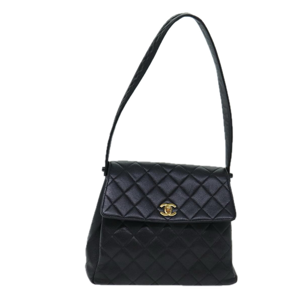 CHANEL Matelasse Turn Lock Shoulder Bag Caviar Skin Black CC Auth yk13341