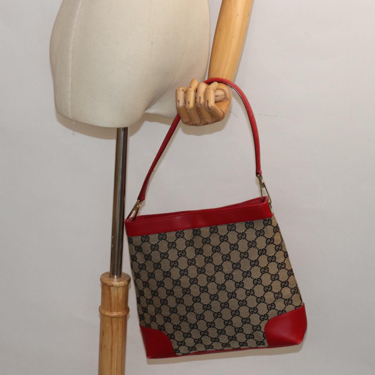 GUCCI GG Canvas Shoulder Bag Beige Red 001 4231 Auth yk13379