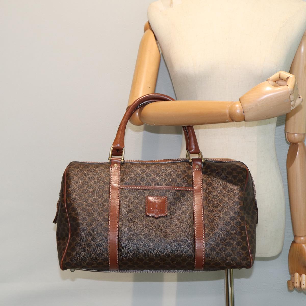 CELINE Macadam Canvas Boston Bag PVC Leather Brown Auth yk13417