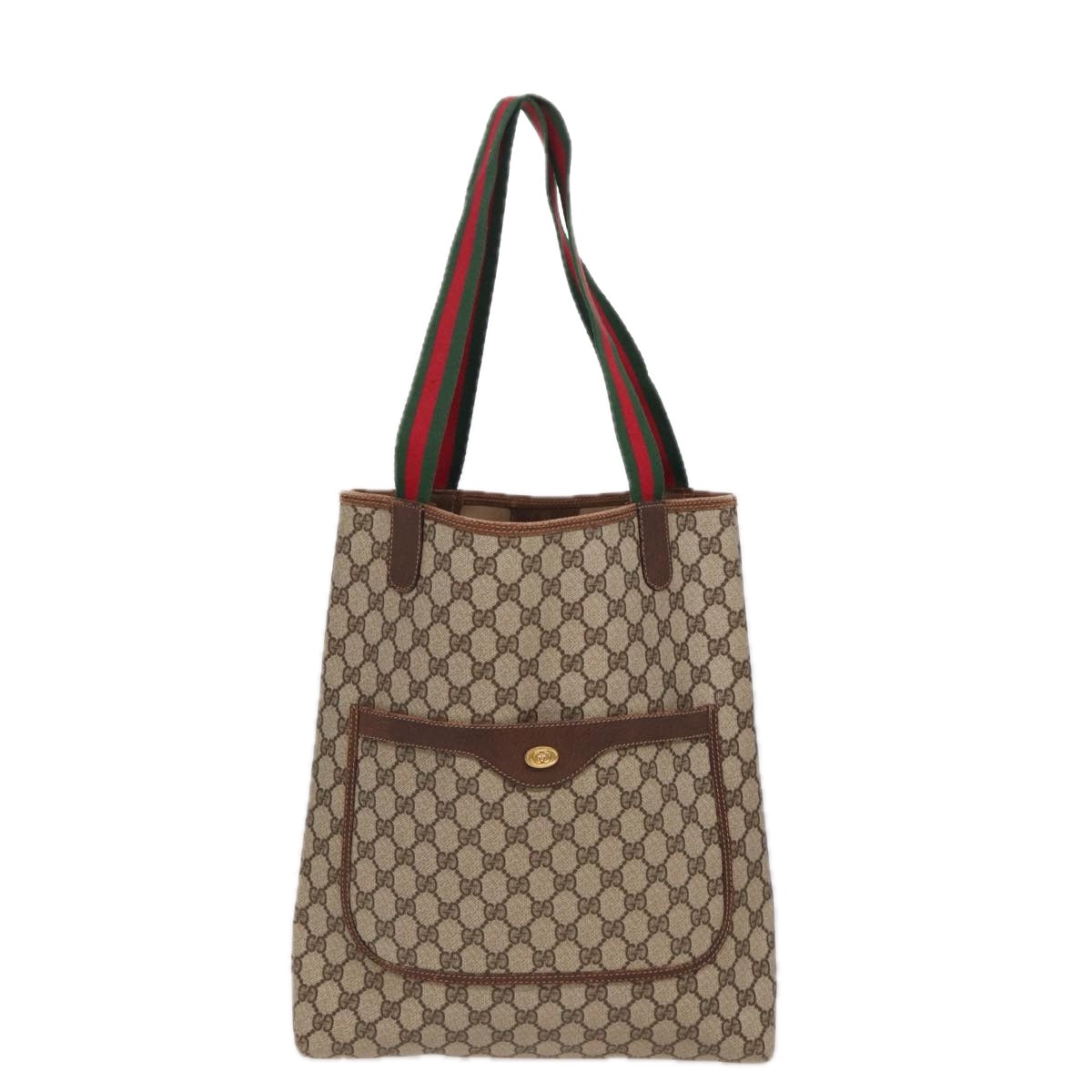 GUCCI GG Canvas Web Sherry Line Tote Bag PVC Leather Beige Green Auth yk13433