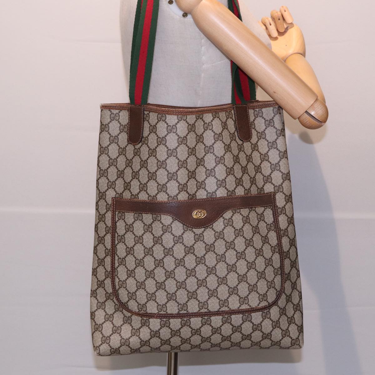 GUCCI GG Canvas Web Sherry Line Tote Bag PVC Leather Beige Green Auth yk13433