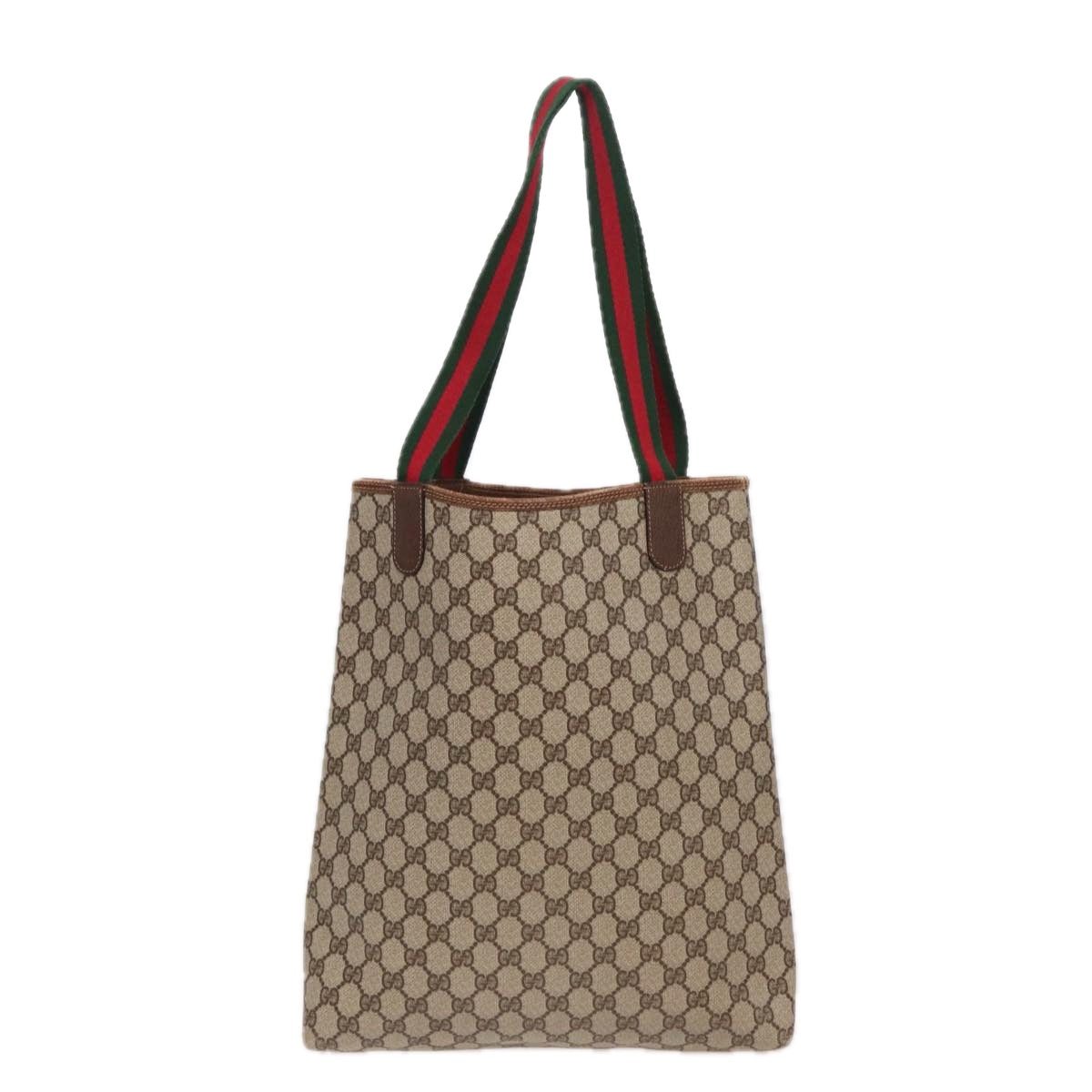 GUCCI GG Canvas Web Sherry Line Tote Bag PVC Leather Beige Green Auth yk13433