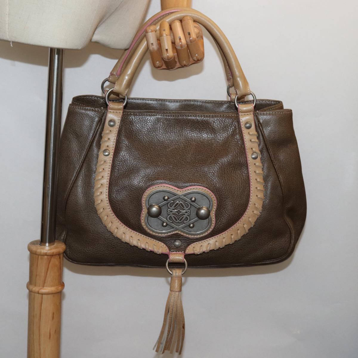 LOEWE Hand Bag Leather Brown Auth yk13453