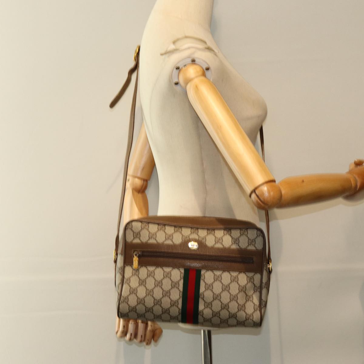 GUCCI GG Canvas Web Sherry Line Shoulder Bag PVC Leather Beige Red Auth yk13472