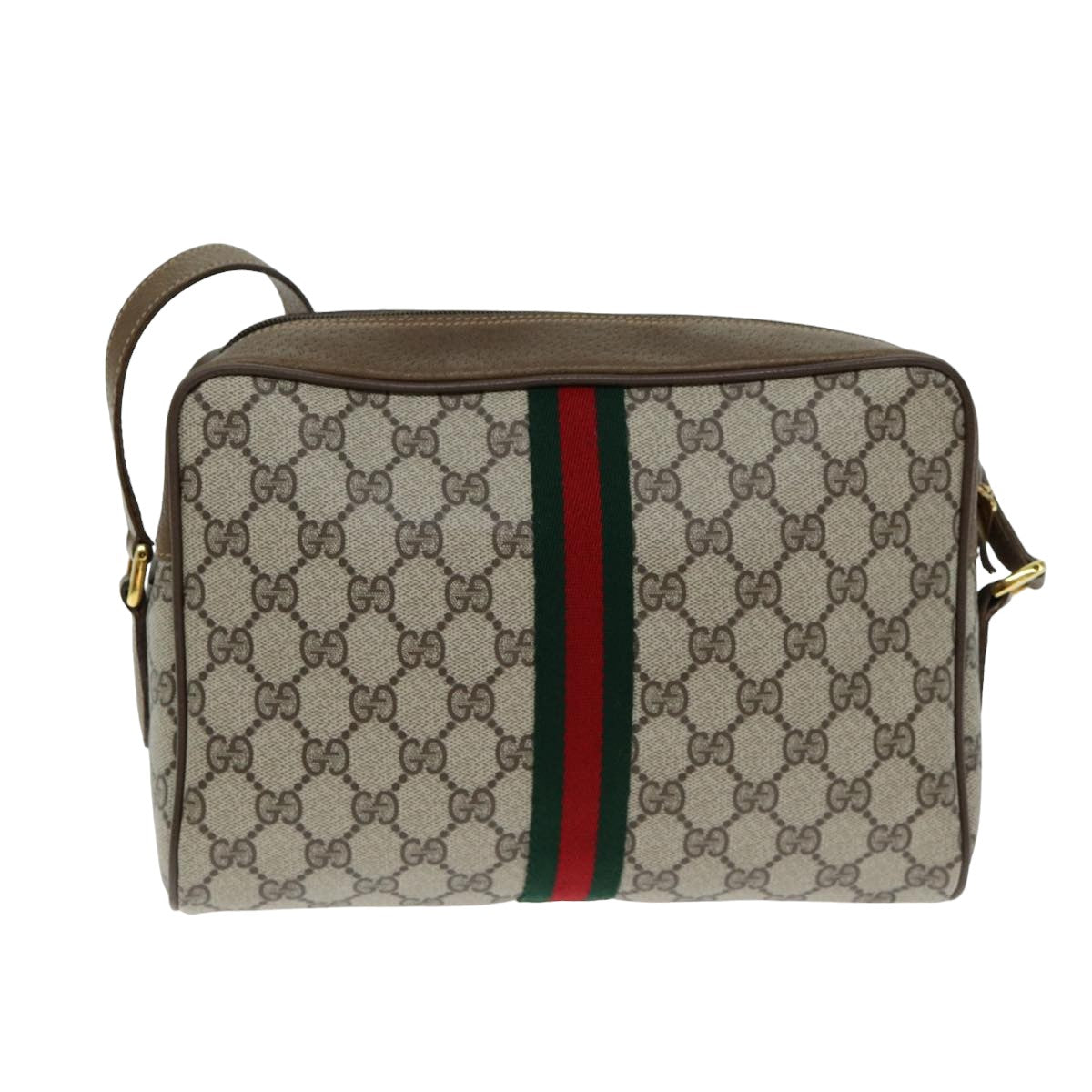 GUCCI GG Canvas Web Sherry Line Shoulder Bag PVC Leather Beige Red Auth yk13472