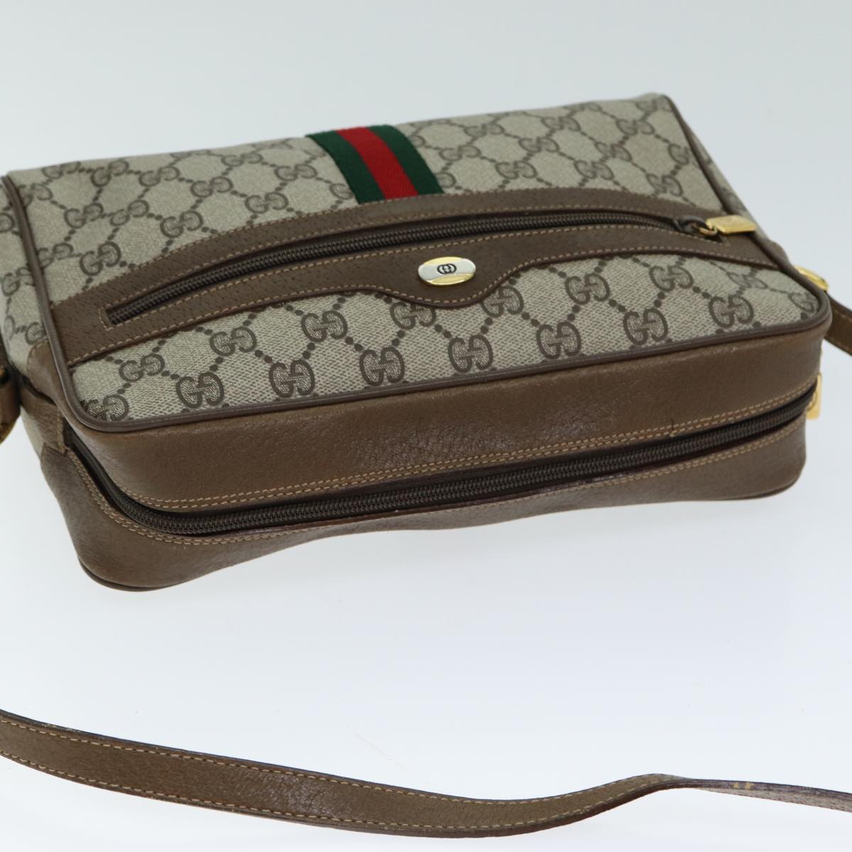 GUCCI GG Canvas Web Sherry Line Shoulder Bag PVC Leather Beige Red Auth yk13472