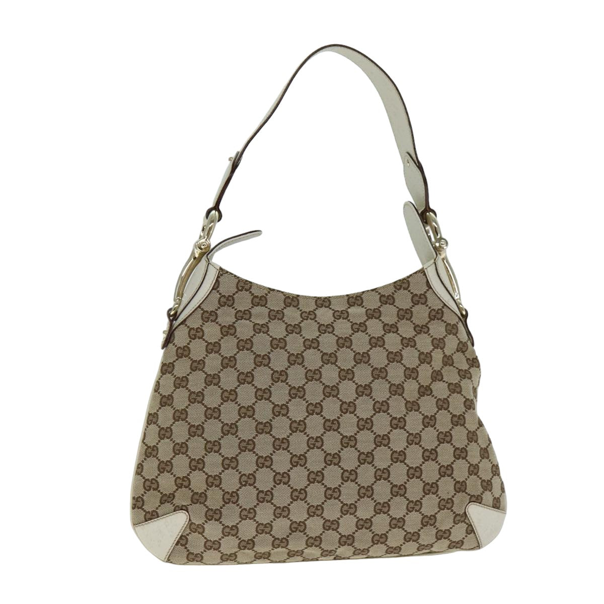 GUCCI GG Canvas Horsebit Shoulder Bag Beige Auth yk13500