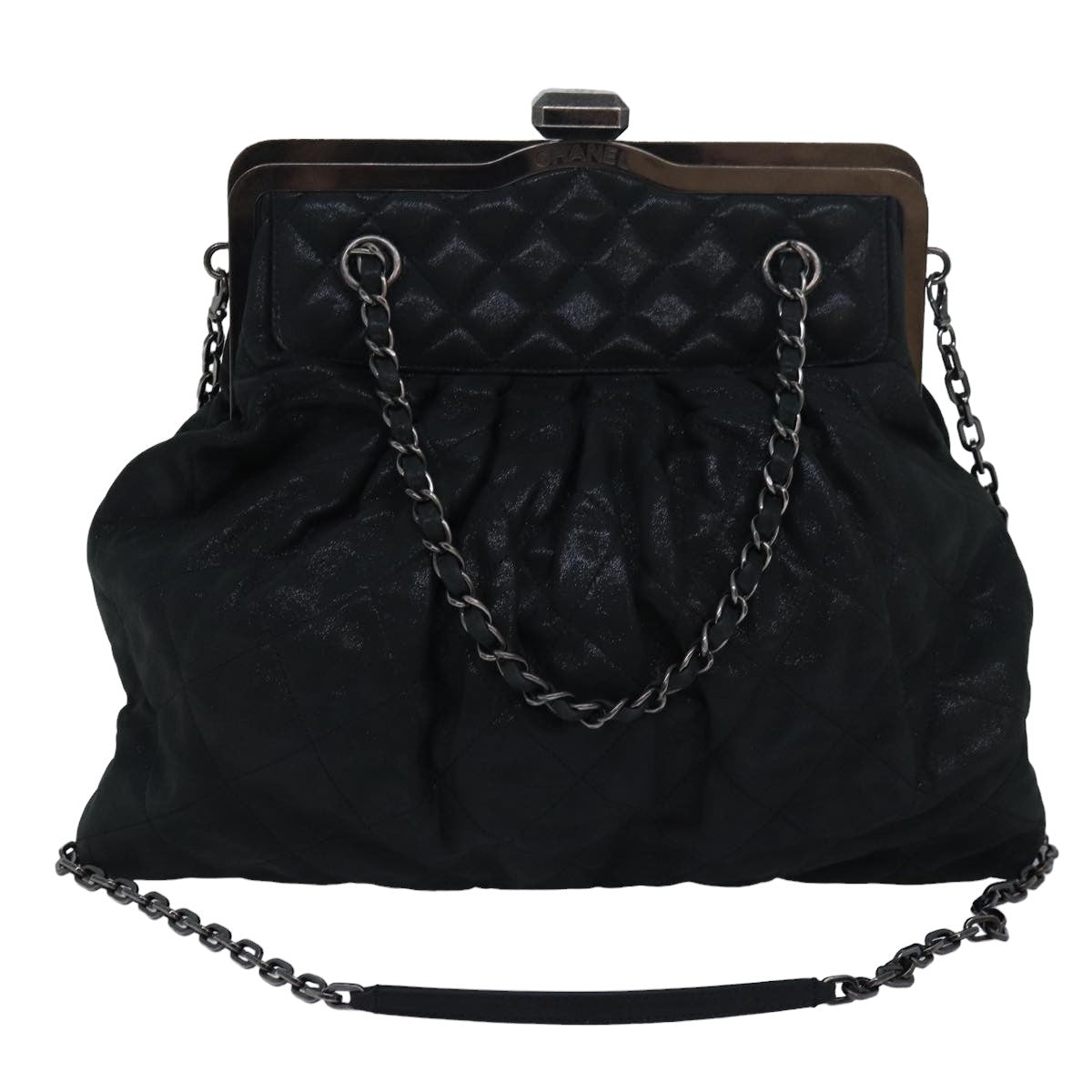 CHANEL Matelasse Chain Gamaguchi Hand Bag Leather 2way Black CC Auth yk13501 - 0