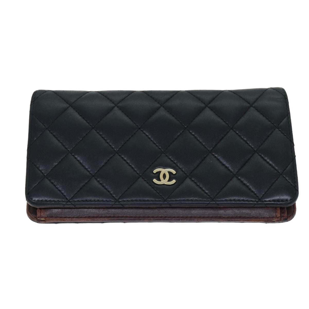 CHANEL Matelasse Long Wallet Lamb Skin Black CC Auth yk13526