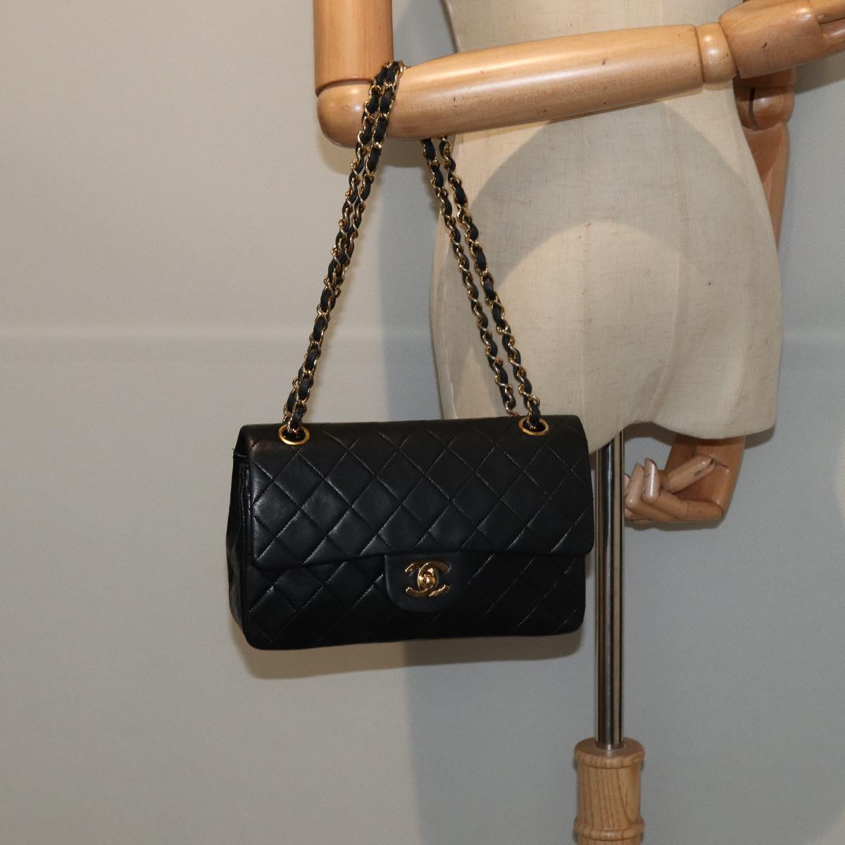 CHANEL Matelasse 23 Turn Lock Chain Bag Lamb Skin Black CC Auth yk13530A