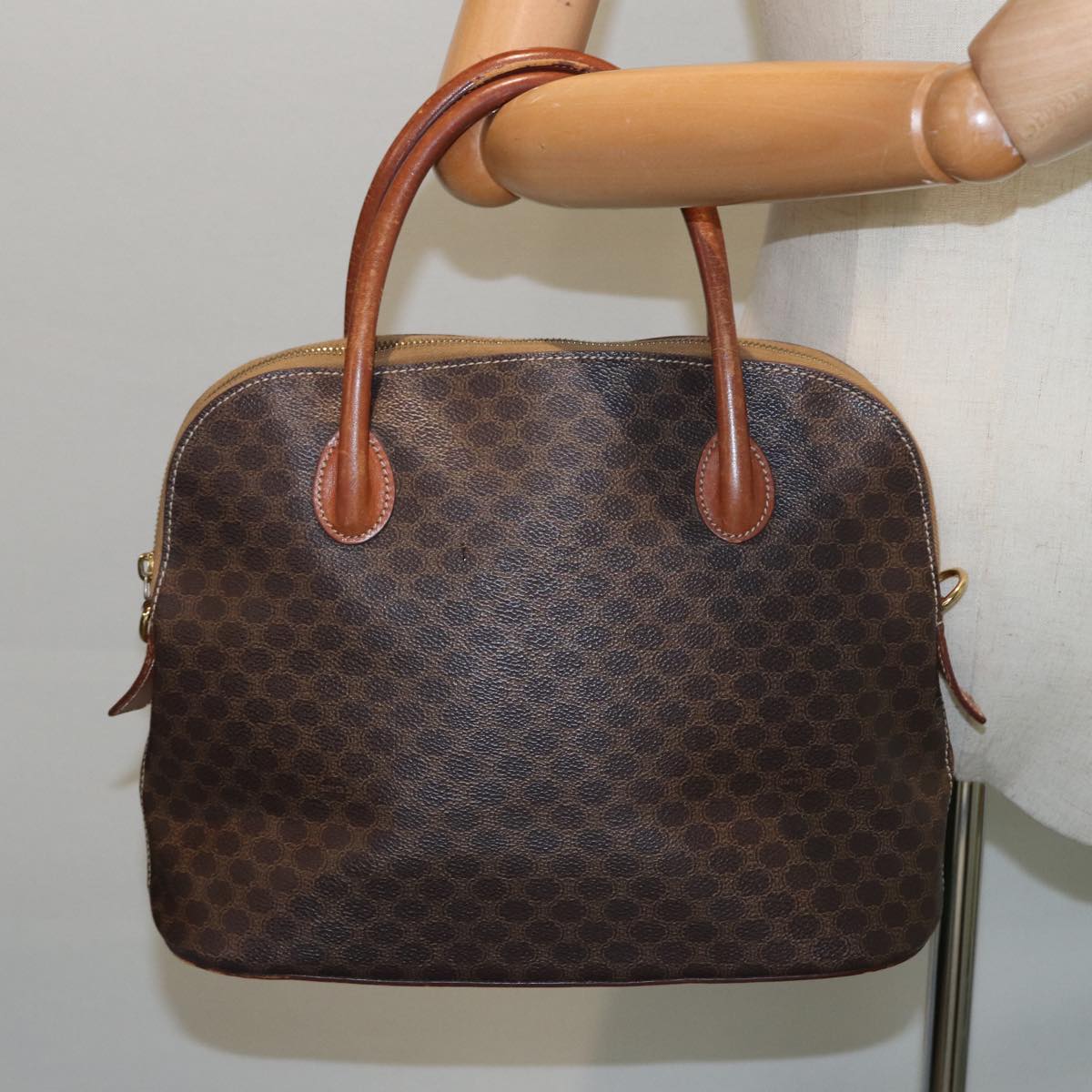 CELINE Macadam Canvas Hand Bag PVC Leather Brown Auth yk13595